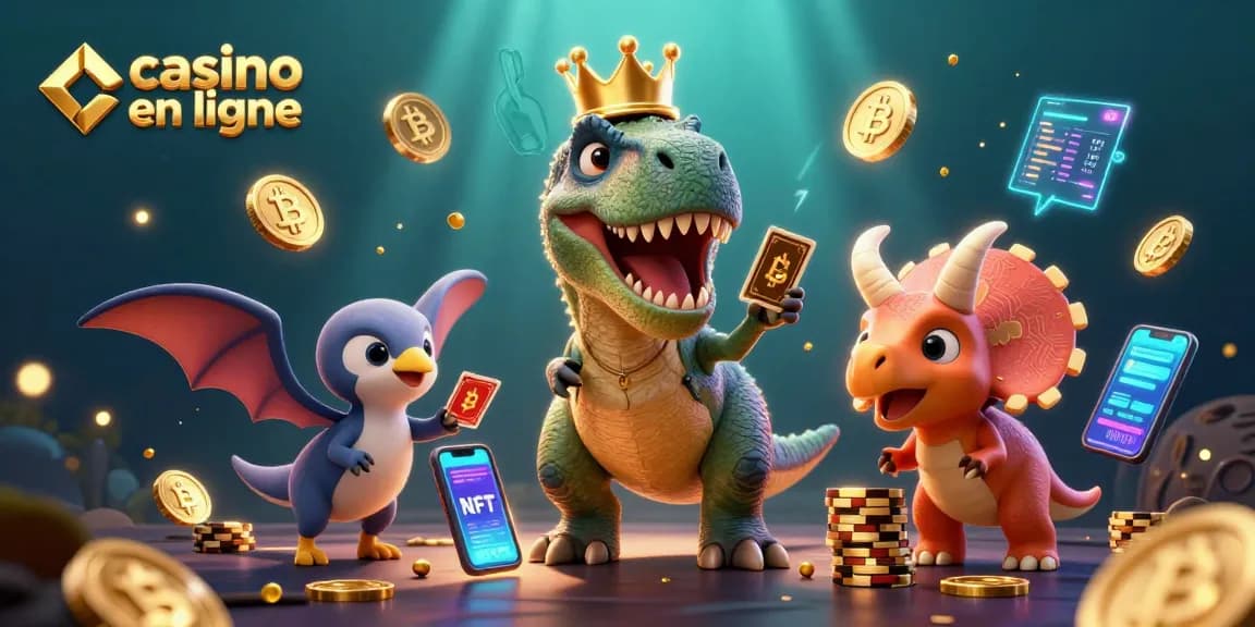 Profitez des jeux de casino en ligne avec ce T-Rex caricatural et ses amis dynamiques.