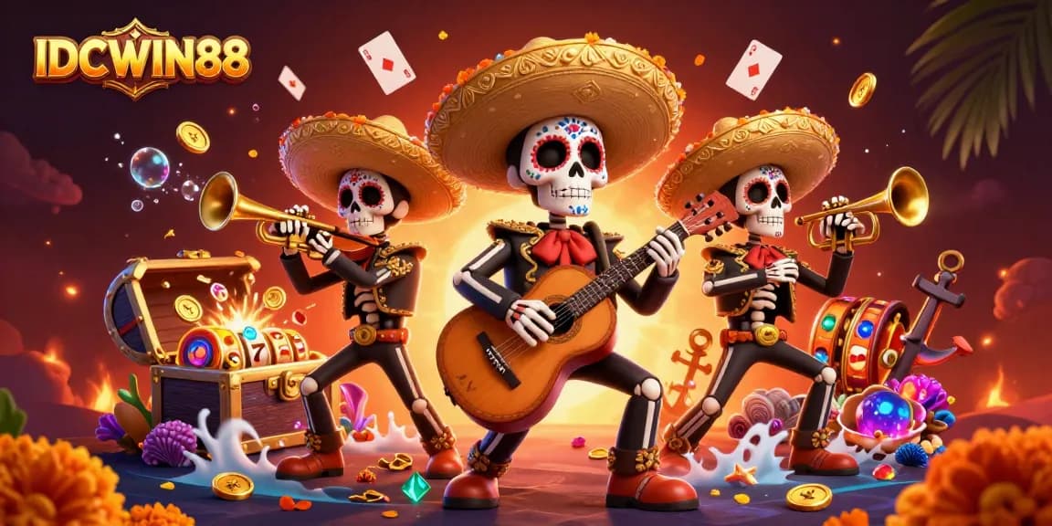 Engage with thrilling gameplay at IDCWIN88, featuring dynamic slot reels, mariachi-themed elements, and dazzling gems.