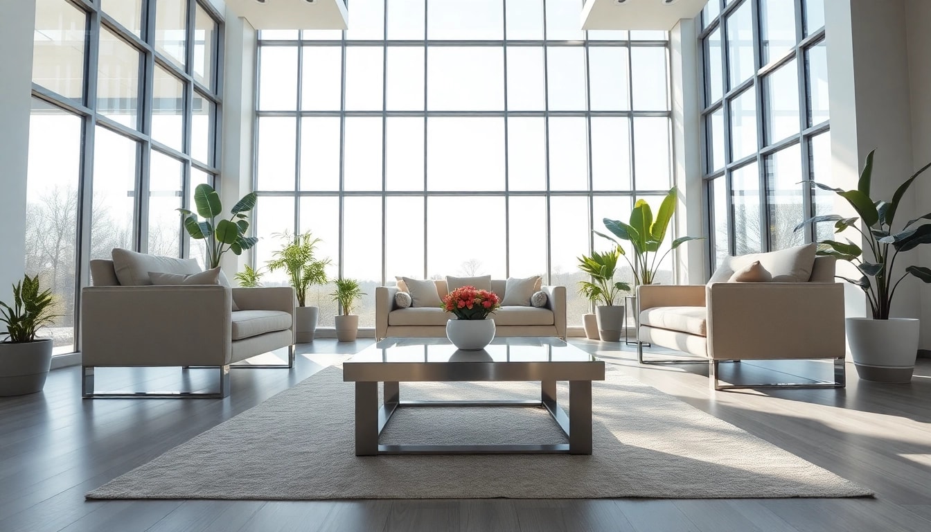 Stylish stainless steel furniture in a contemporary living space with bright lighting.