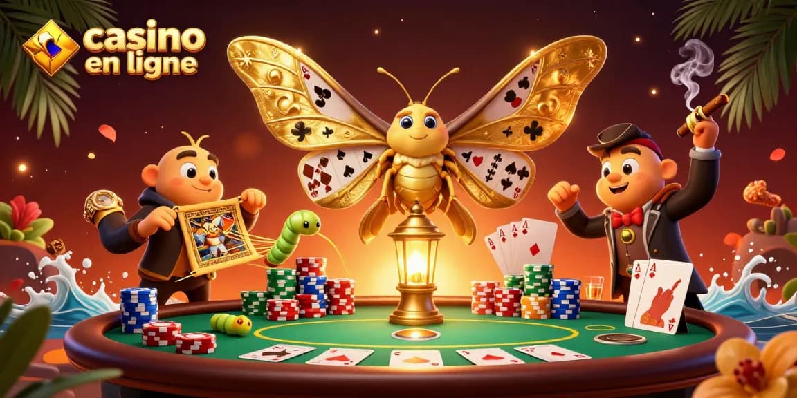 Visitez le casino en ligne avec cette illustration captivante d'un papillon atlas mettant en scène une table de poker.