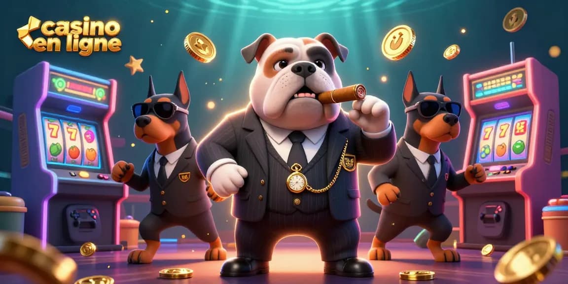 Le casino en ligne offre une expérience immersive avec un bulldog mafieux et des Dobermans entourés de machines à sous colorées.