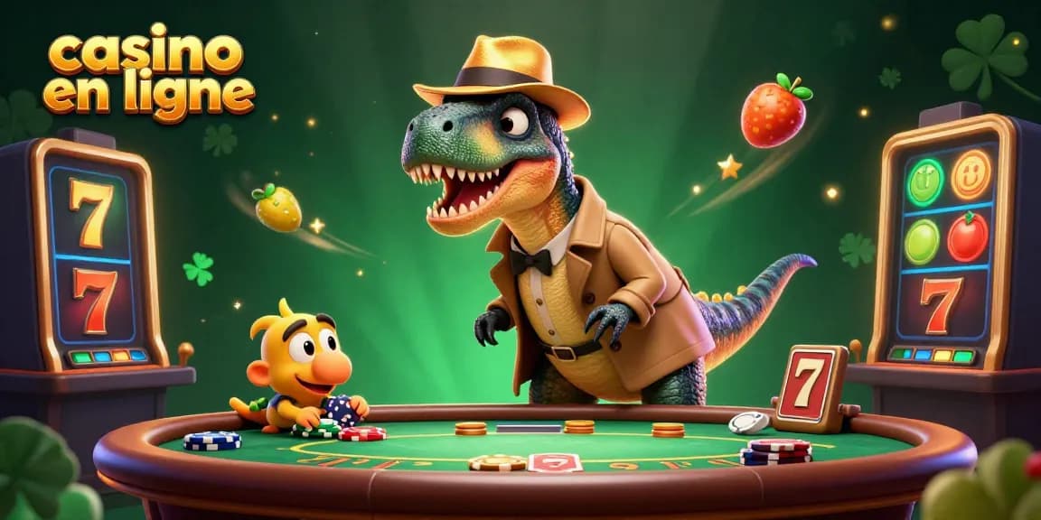 Un dessin animé de vélociraptor au casino en ligne, comptant des cartes avec une ambiance colorée.