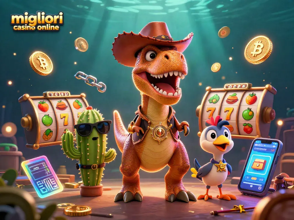 Scopri i migliori casino online attraverso un'illustrazione animata di un T-Rex cowboy e simboli di giochi.