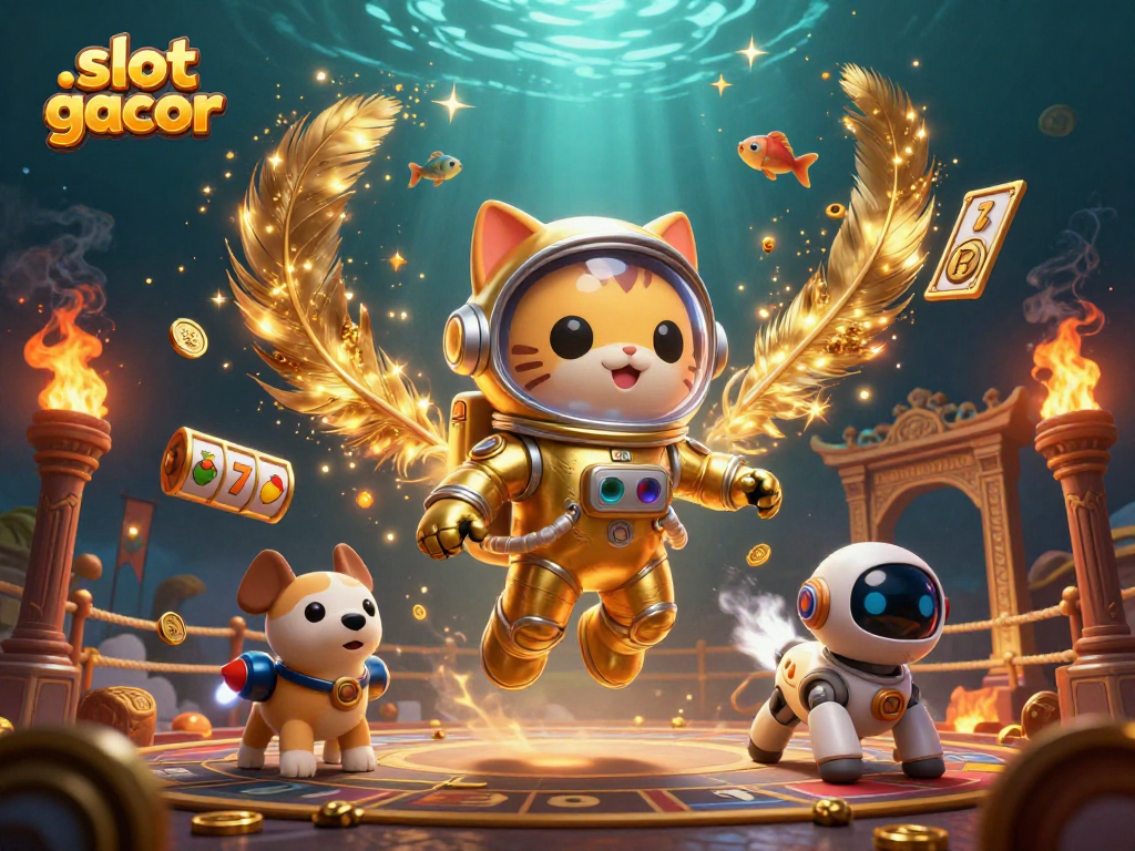 Bermain slot gacor dengan kucing astronot dan anjing robot di tengah lautan koin emas dan efek api.