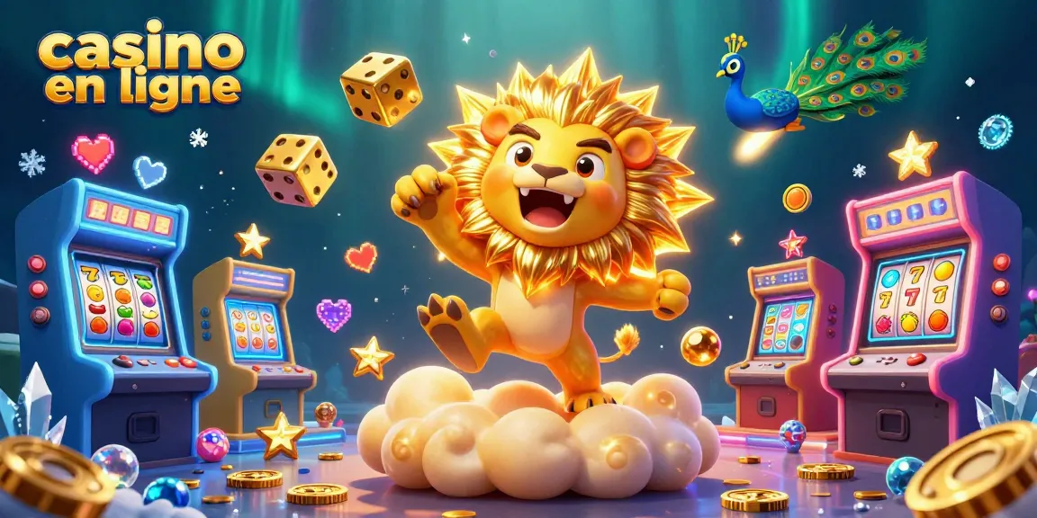 Explorez le casino en ligne avec un lion en 3D et des éléments de jeu colorés dans un environnement dynamique.