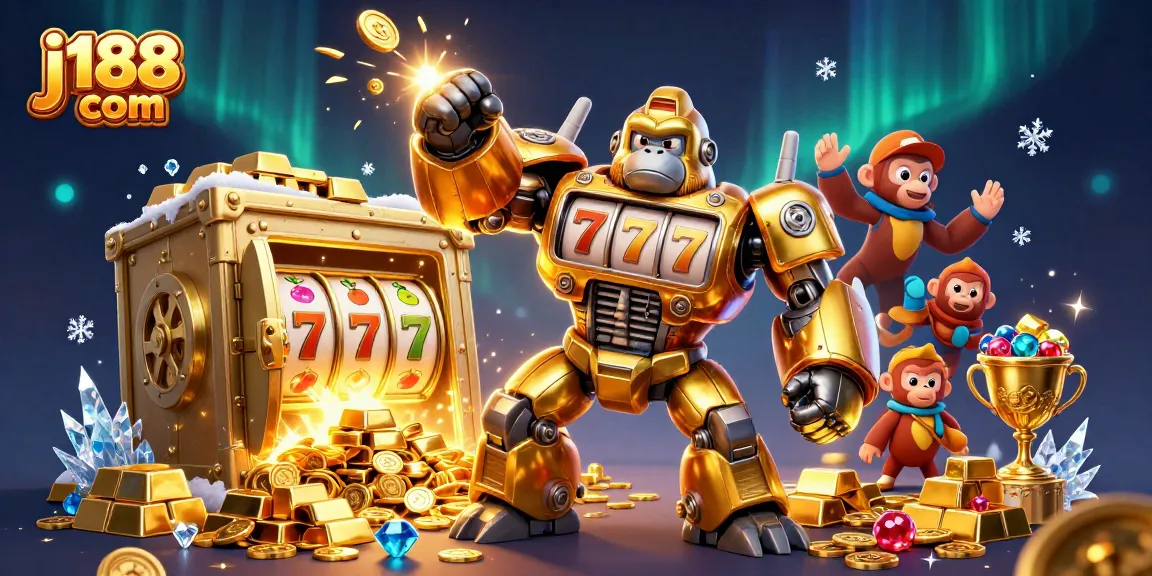 Experience thrilling wins with j188 com in this vibrant slot game illustration featuring a golden gorilla mech.
