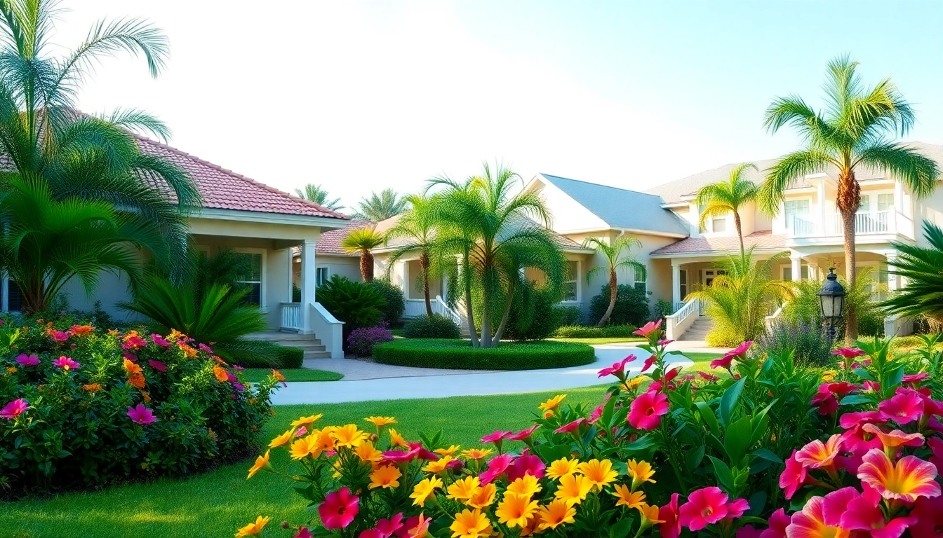 Homes for sale in Florida with vibrant gardens and classic architecture in a sunny neighborhood.