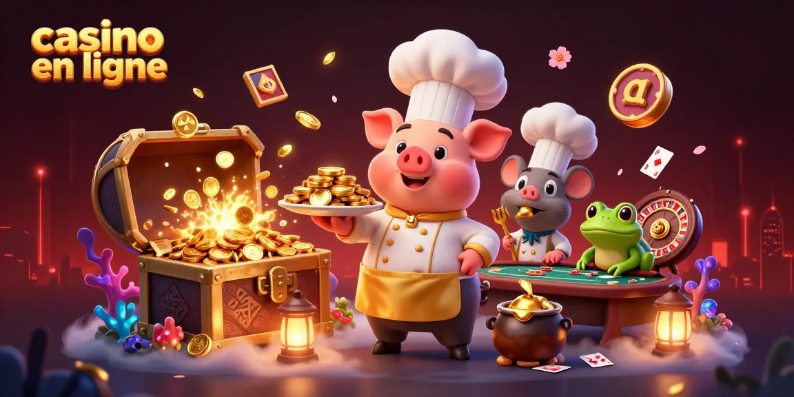Découvrez un chef de "casino en ligne" servant des pièces d'or dans une scène dynamique avec des éléments de jeu.