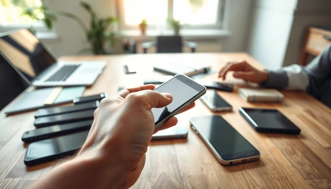 We buy old phones with hands inspecting devices on a wooden table in a bright workspace.