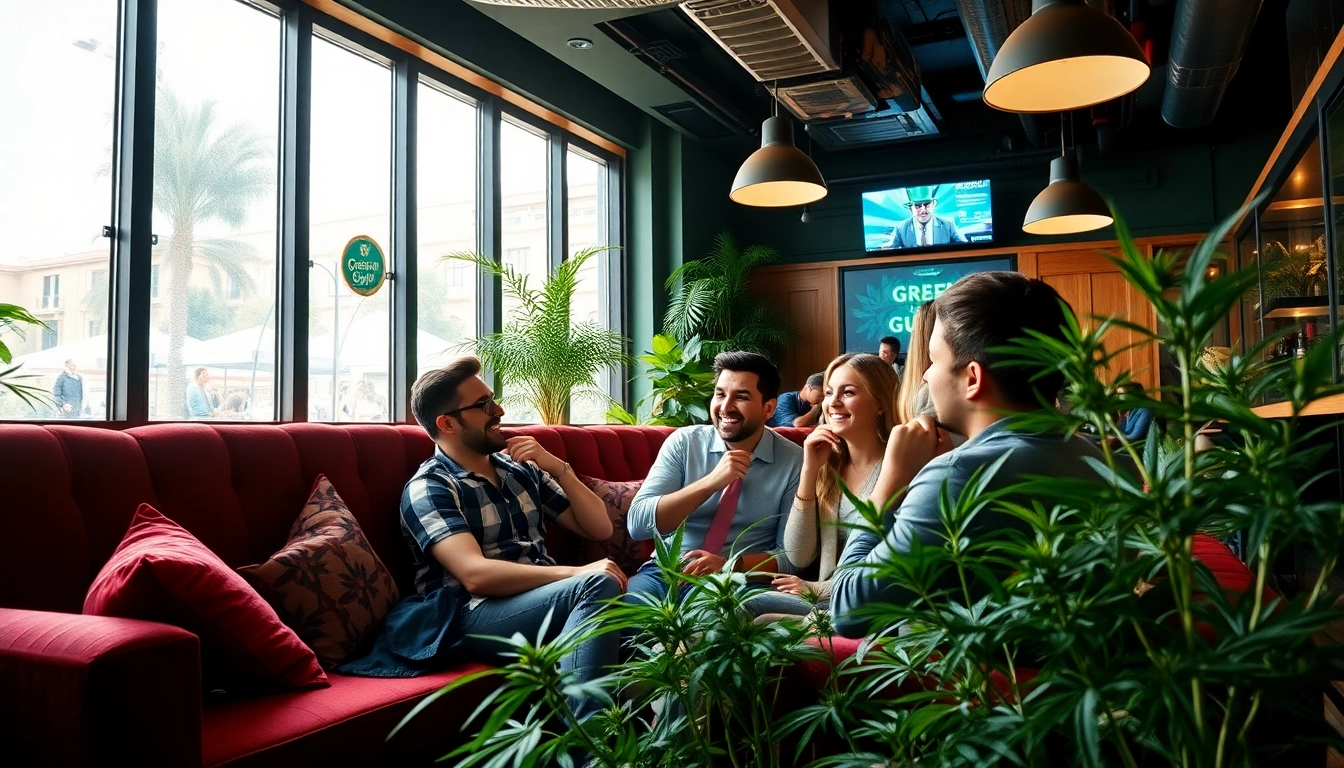 Friends enjoying a vibrant atmosphere at the Green Guyz Cannabis Club Madrid with inviting decor.