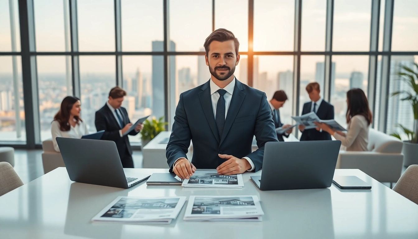 Real Estate agent assisting clients in a modern office setting with city skyline views.