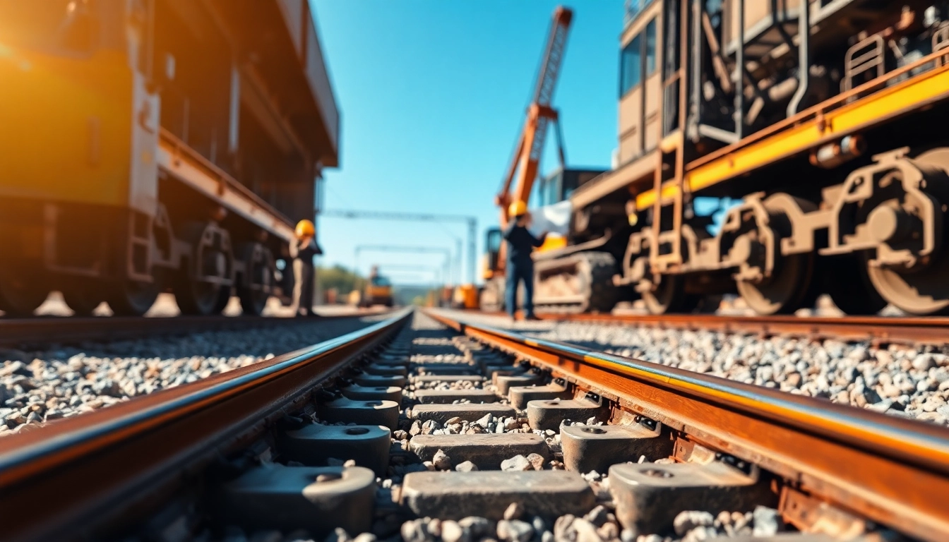 Engineers collaborating on railroad engineering at a construction site with tracks and machinery.