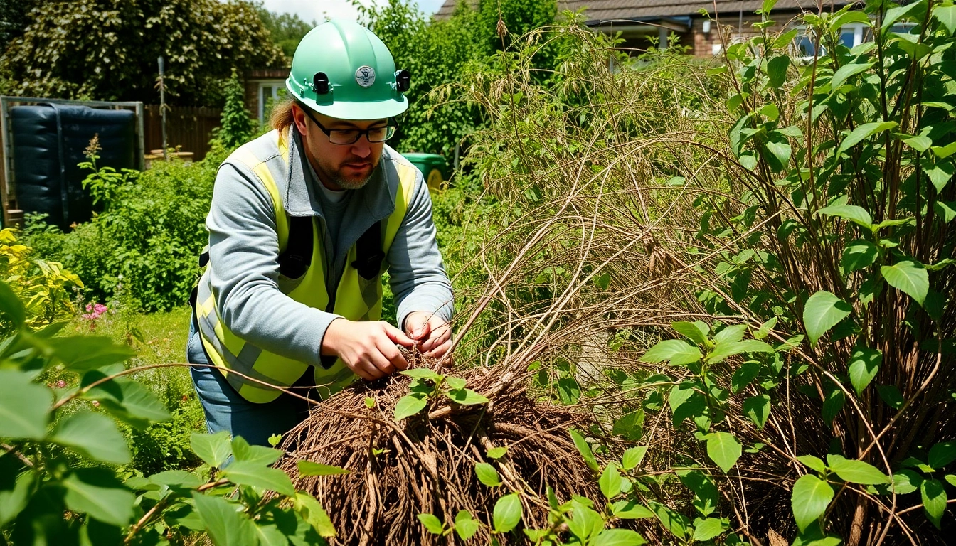 Efficient Japanese Knotweed Removal performed by a technician in a garden.