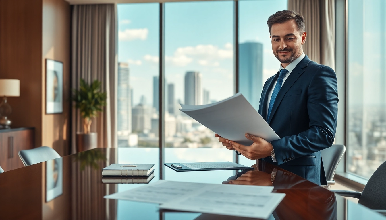 Miami high net worth divorce lawyer reviewing legal documents in a sleek office environment.