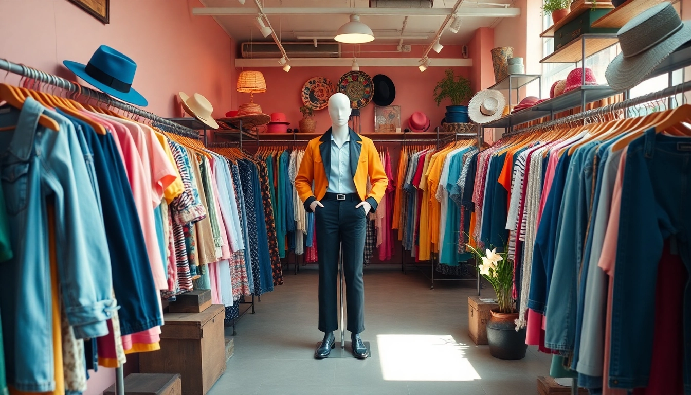 Shop stylish vintage clothes at https://thrift-vintage.com in a colorful boutique setting.