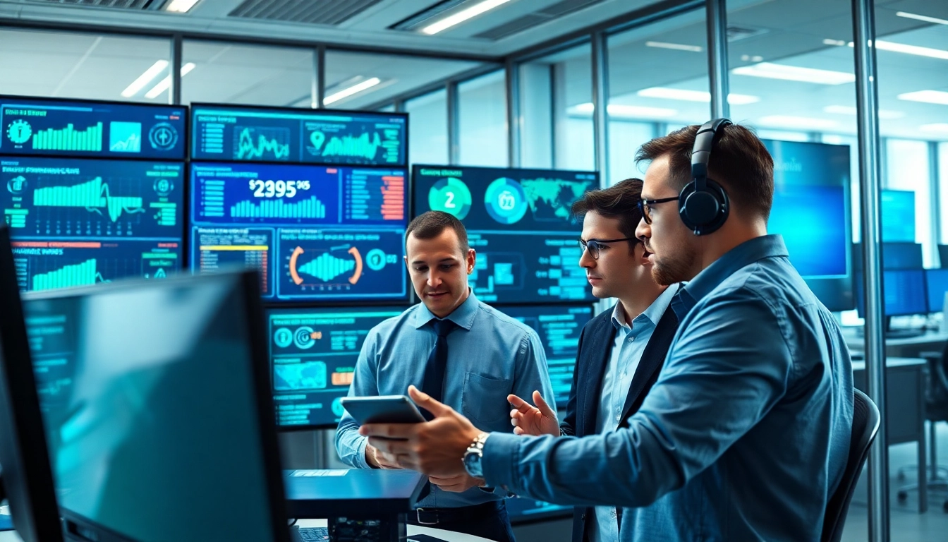 Cyberdan cybersecurity specialists examining crucial data in a high-tech office environment.