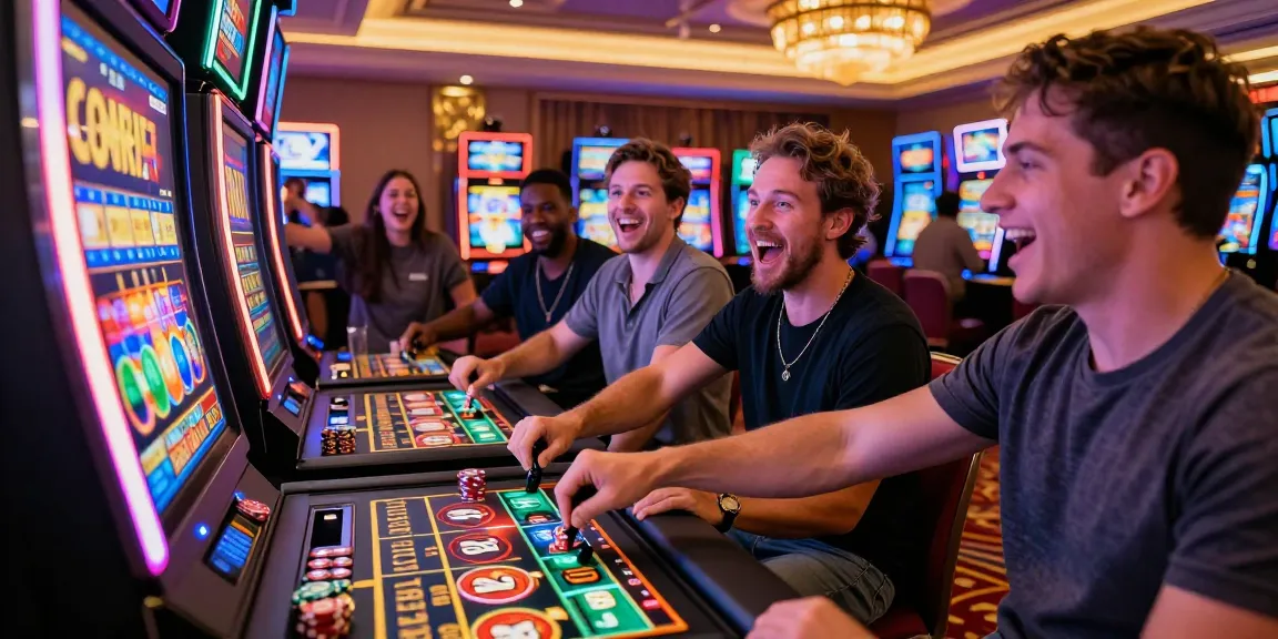 Players engaged in an exciting game of slot machines, showcasing colorful lights and lively expressions.