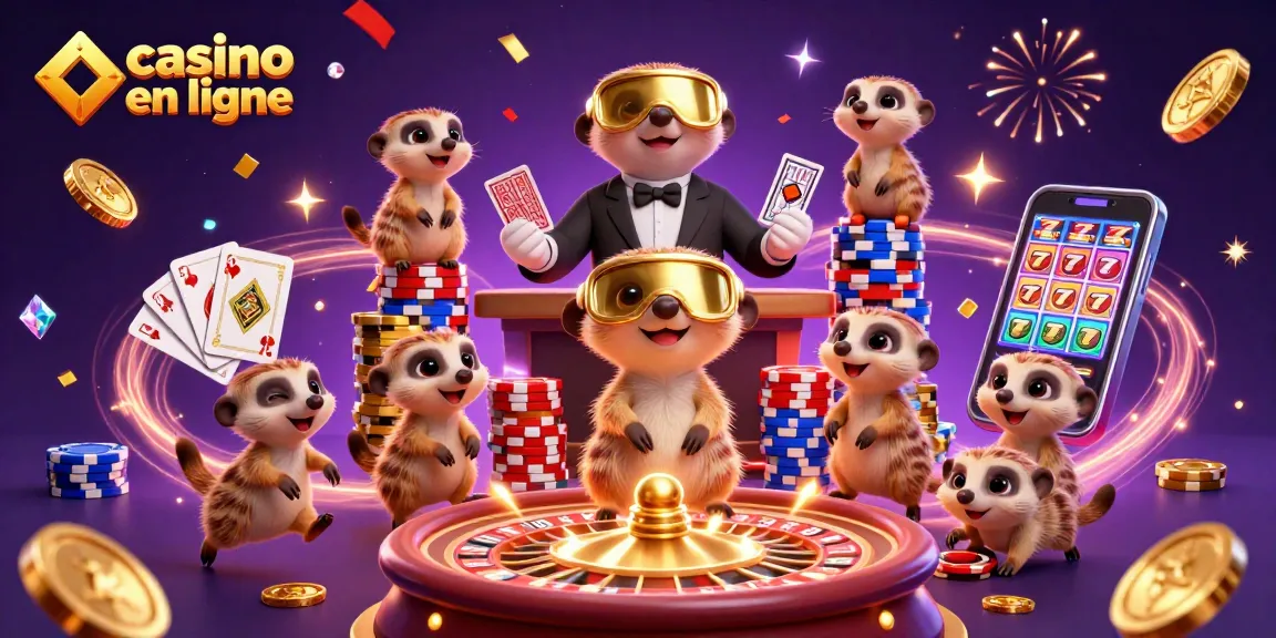 Opérez au casino en ligne avec des meerkats animés et des jetons scintillants autour.