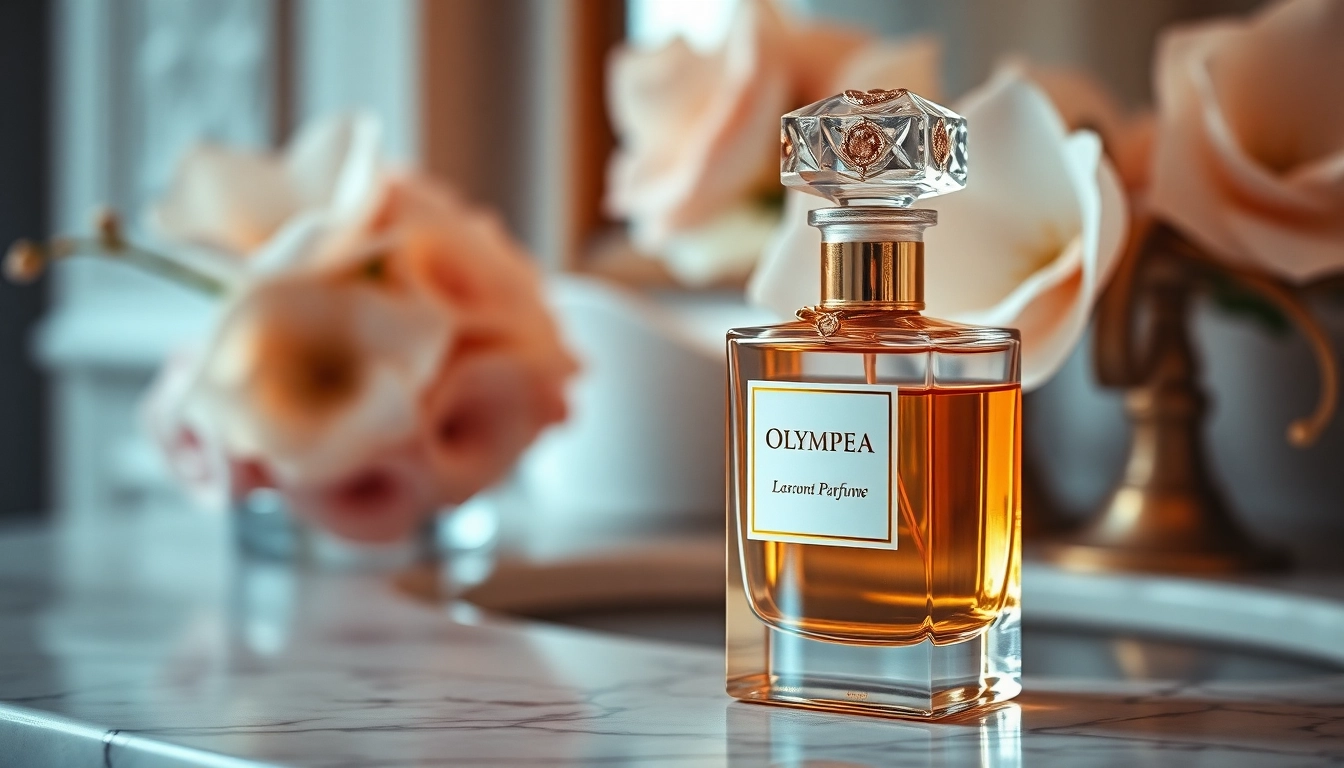 Discovering the elegance of Olympea perfume in a luxurious setting with floral background.