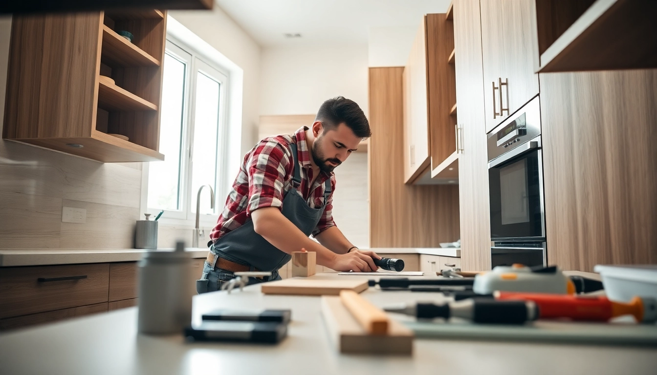 Expert kitchen installer methodically fitting cabinets in a contemporary kitchen.