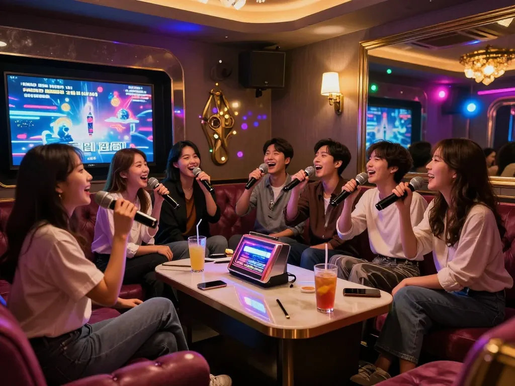 Jeju nightlife experience at karaoke highlighting 제주도유흥 with friends enjoying drinks and music.