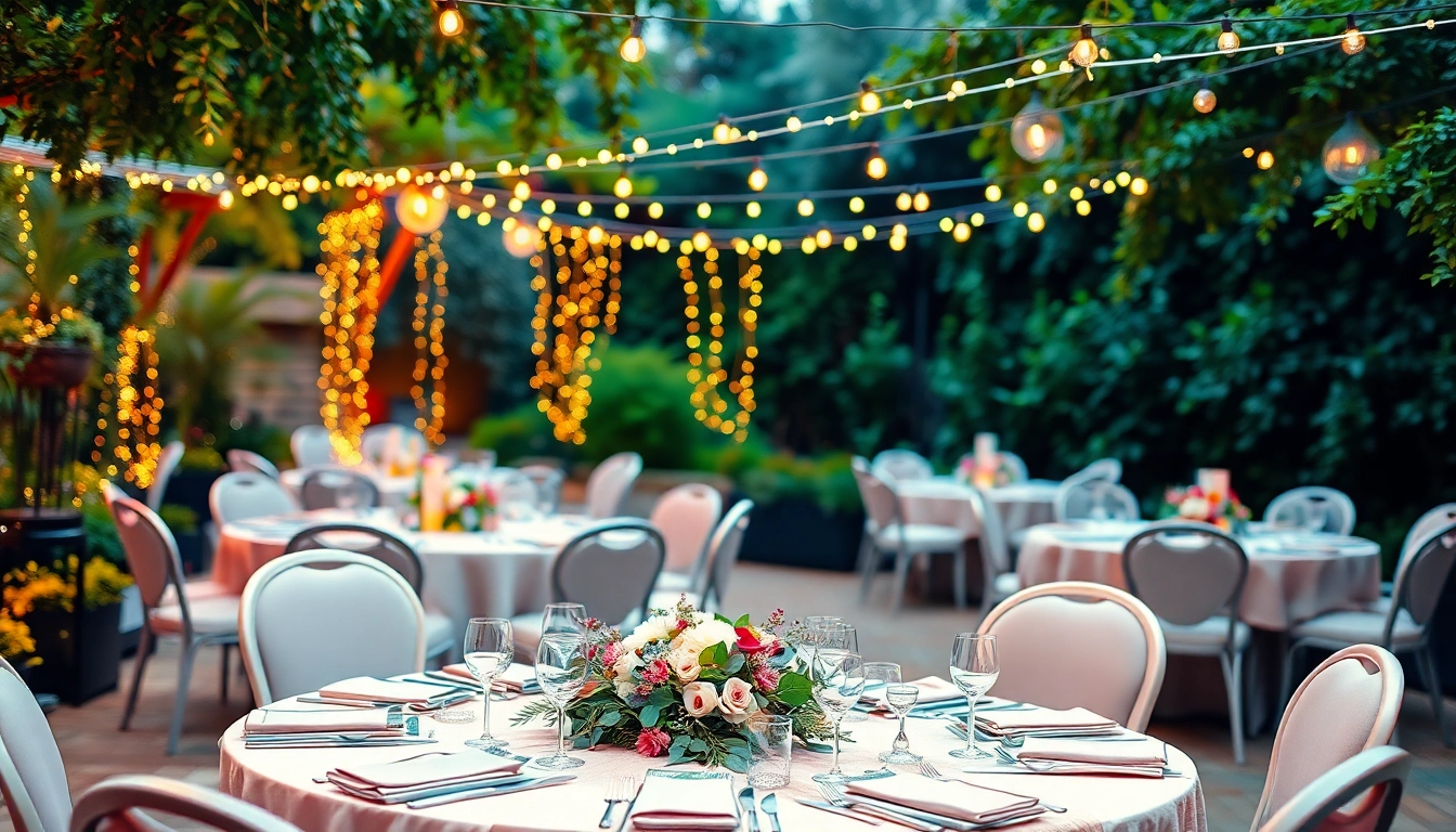 Event Furniture Rentals with elegant outdoor seating and table arrangements in a lush garden.