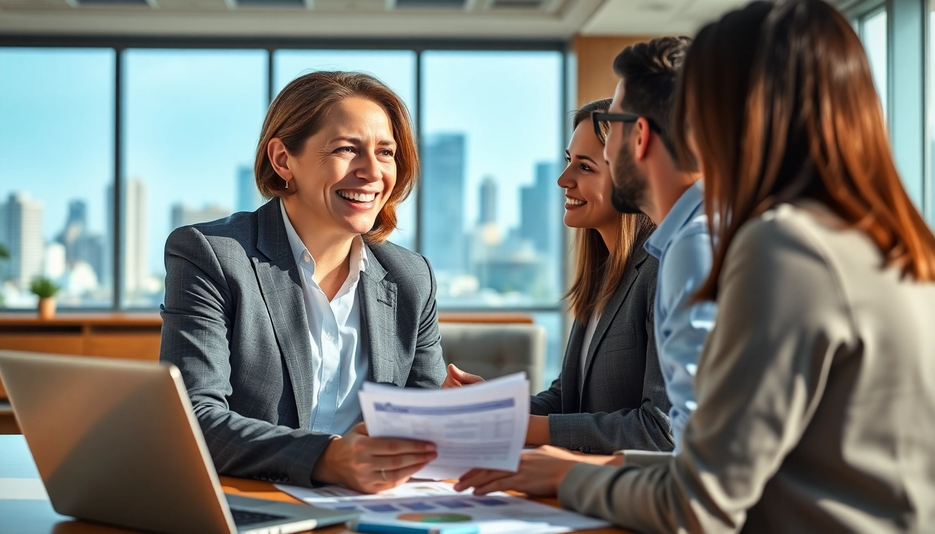 Real Estate agent discussing property options with clients in a modern office environment.