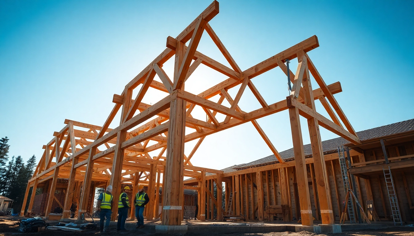 Structural Timber Frame construction highlighting skilled workers in action at a site.