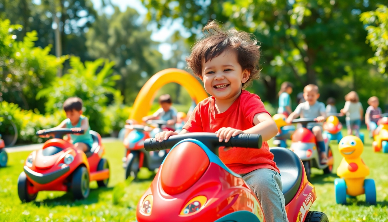 Children enjoying various ride on toys in a lively park setting.