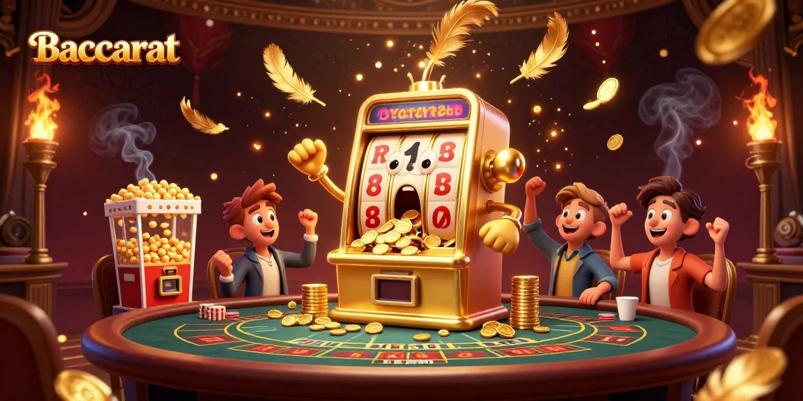 Baccarat scene with a golden slot machine celebrating a jackpot while players cheer, enriched with dynamic casino elements.
