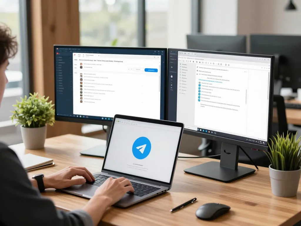 Using Telegram 电脑版 on a MacBook in a modern office workspace.