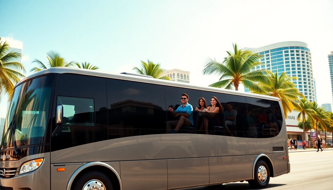 Experience group travel with https://miamicharterbus.com, featuring a modern charter bus and happy passengers.