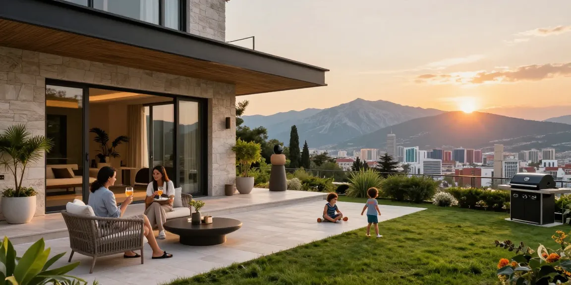 Lifestyle scene of luxury villa in Tirana real estate with sunset views, family enjoying the terrace