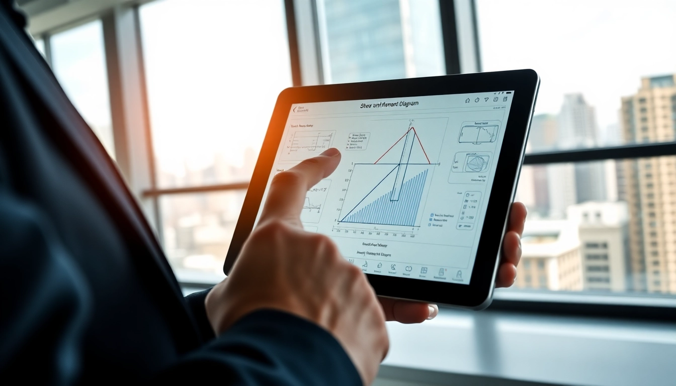 Analyze Shear and Moment Diagram with an engineer using a tablet in a bright office.