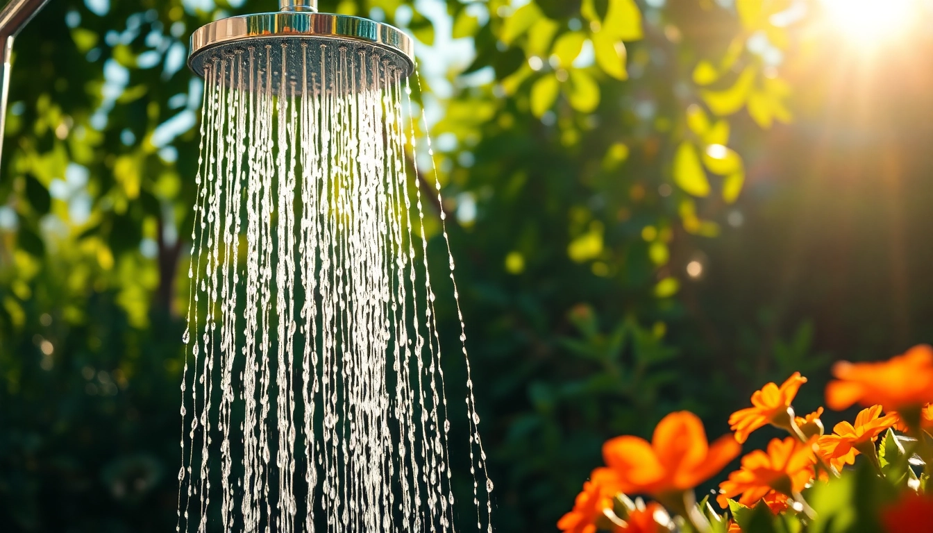 Experience a refreshing sunny shower amidst vibrant garden blooms.