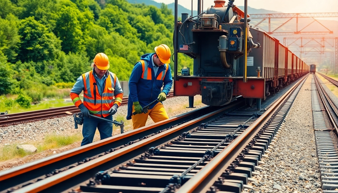 Railroad Maintenance Services team conducting track inspection in a vibrant industrial environment.