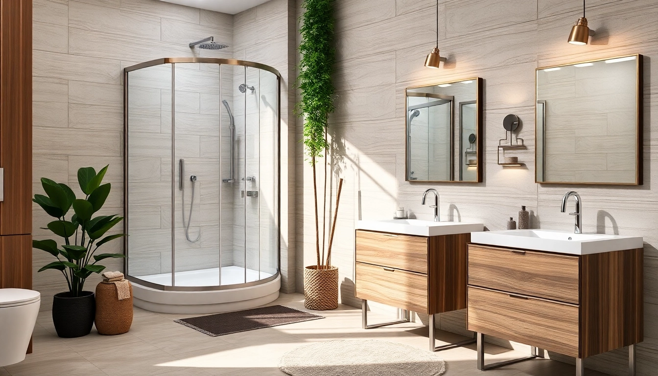 Élégante cabine de douche sirhona avec miroir illuminé et mobilier moderne.