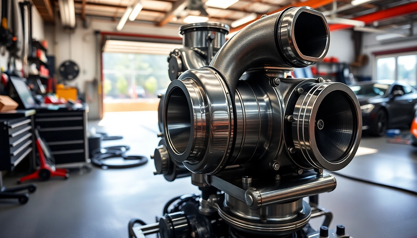 Turbosmart turbos showcased in a detailed close-up within a professional garage setting.