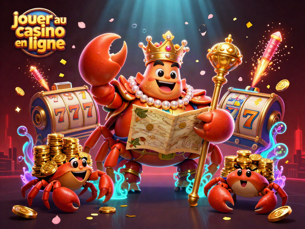 Jouer au casino en ligne avec un crabe doré majestueux dans une scène festive pleine de jeux et d'animations.