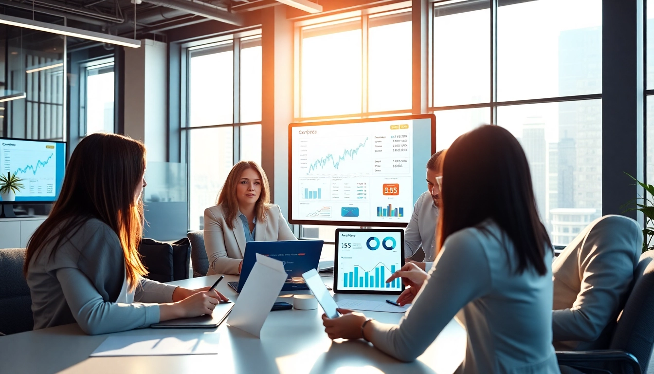 Team analyzing competitor pricing data in a modern office setting with digital displays and charts.