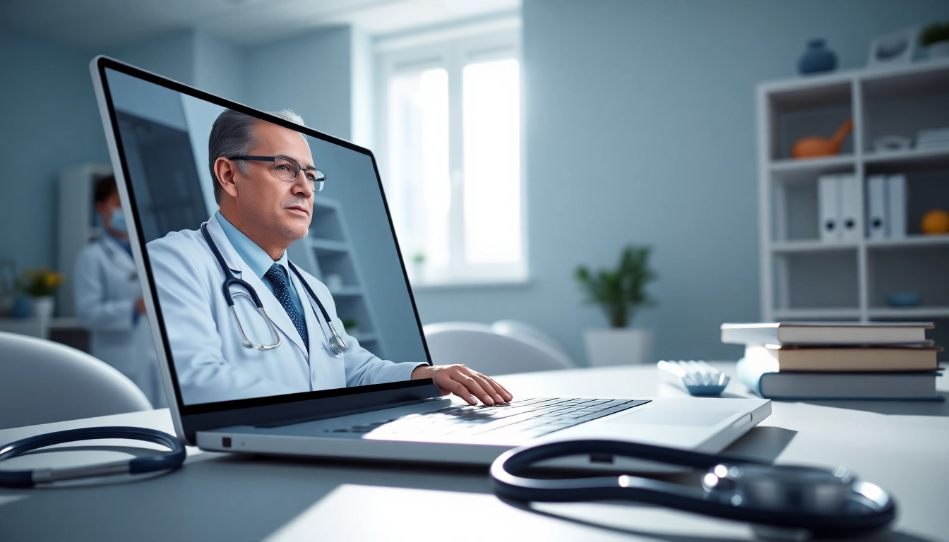 Visualize a healthcare consultation via https://www.medexdtc.com with a doctor assisting a patient through telemedicine.