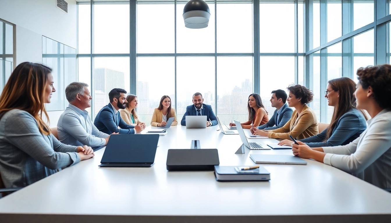 Engaged business professionals collaborating in a bright modern office environment.