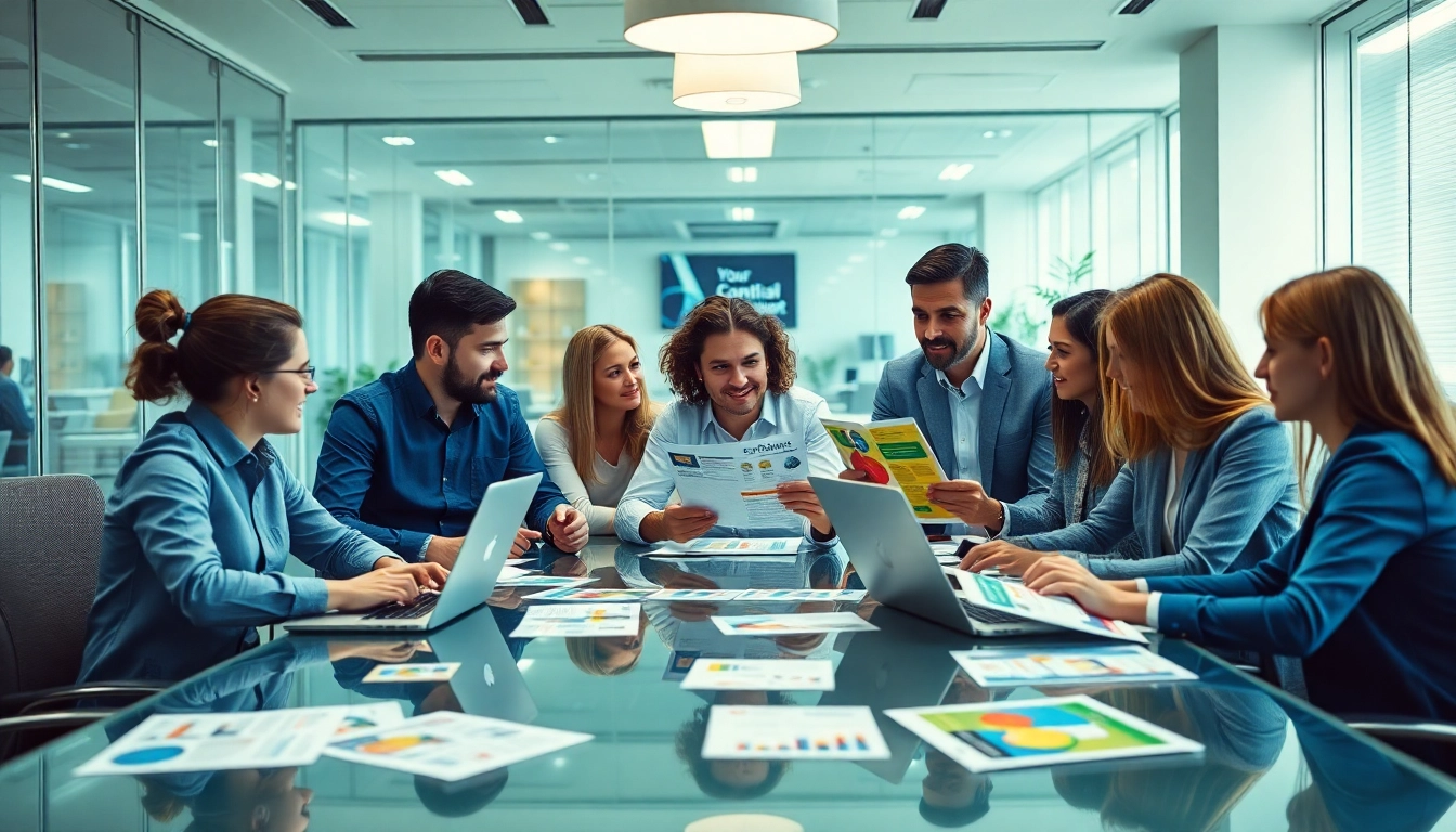 Apex Direct Mail team collaborating on a marketing strategy in a bright, modern office.