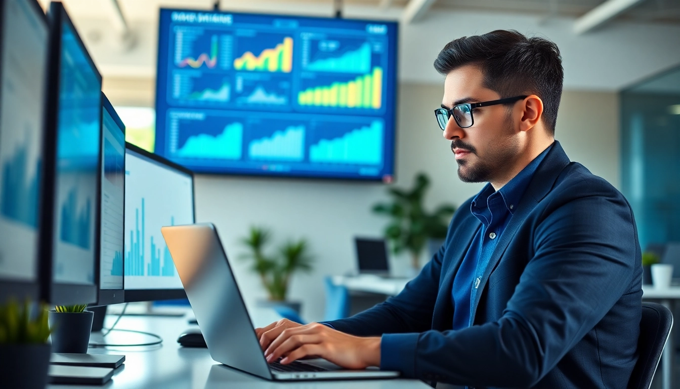 Digital marketing strategist analyzing data in a modern office setting.