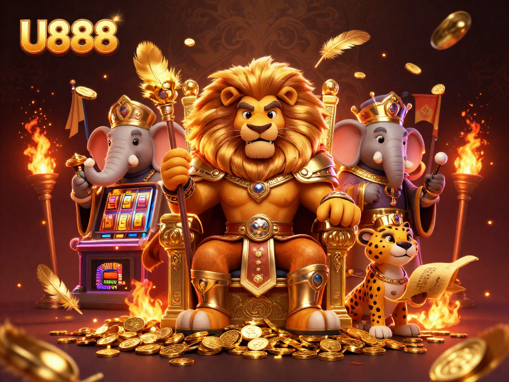 Engage with U888's vibrant 3D slot scene featuring a lion king and dynamic gaming elements.