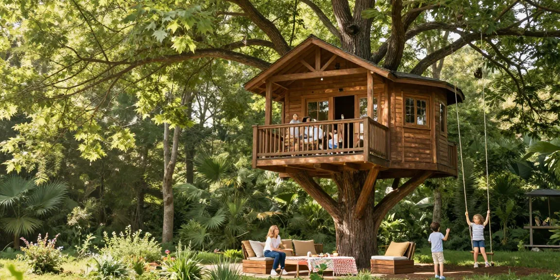 Treehouses nestled in the forest with a family enjoying a picnic