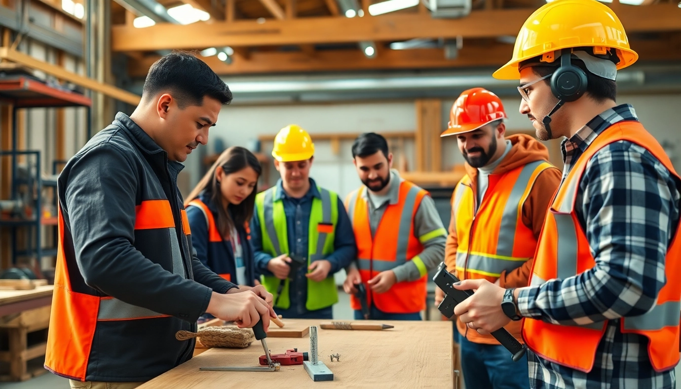 Engaging construction craft training in a workshop with diverse trainees and instructors.