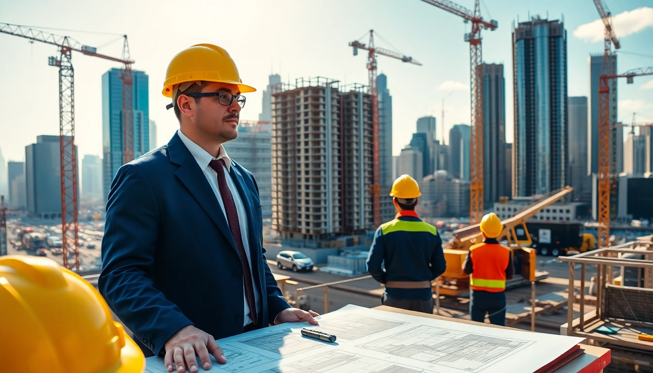 New York City Construction Manager supervising a busy construction site with workers and machinery.