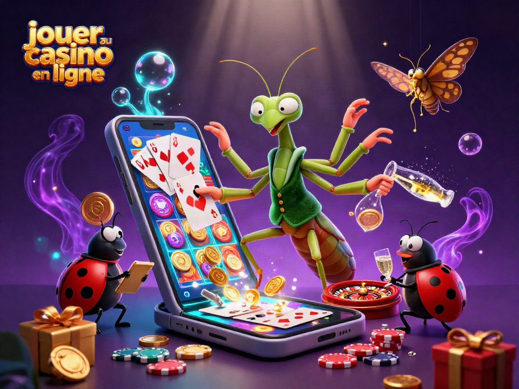 Jouer au casino en ligne avec un mante religieuse et une coccinelle, entourés de jeux et de jetons.