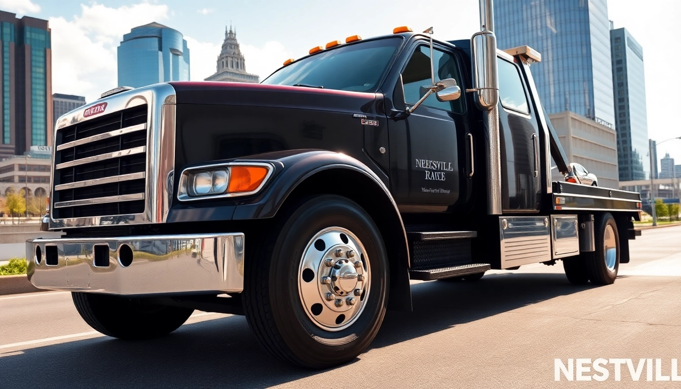 Flatbed towing Nashville service truck positioned vibrantly against the Nashville skyline.